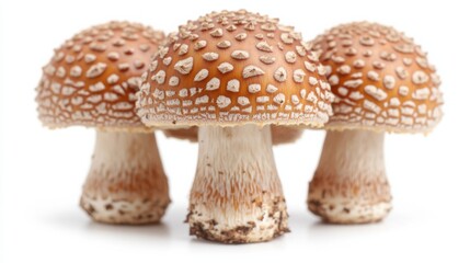 Obraz premium Close-up of Beautiful Brown Mushrooms with Decorative White Spots on Caps Against a White Background, Perfect for Food and Nature Themes