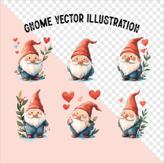  gnome vector with a heart and striped hat. A Pink gnome and hearts with a striped hat.