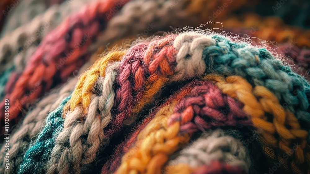 Poster close-up of colorful knit wool textiles with intricate patterns