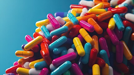 Pile of assorted colorful capsules stacked together