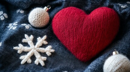 Fototapeta premium Red valentines day heart with white ornaments or snowflake made from wool on dark fabric background Concept of love warmth and christmas