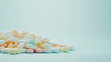 Pile of assorted pills on light blue background with space for text
