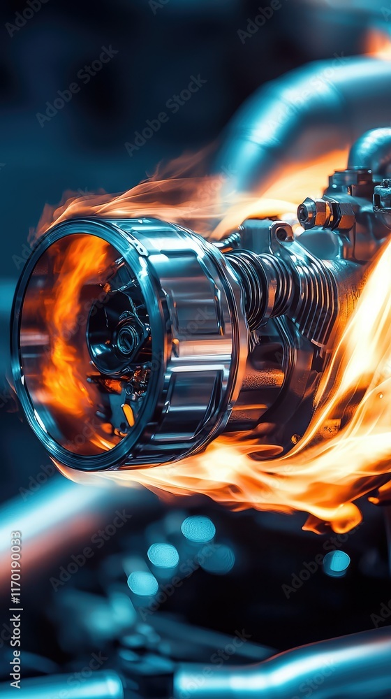 Poster close-up of engine component with flames and high-performance detail