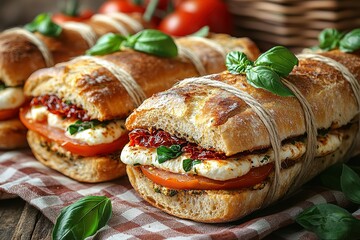 Delicious mozzarella, sun-dried tomato, and basil sandwiches on crusty bread.