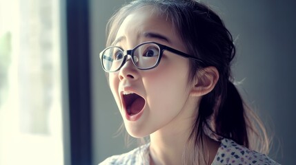 Naklejka premium Pretty asian girl looking away in excitement wearing spectacles
