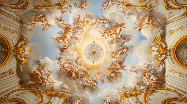 Ornate ceiling fresco with cherubs, clouds, and chandelier.