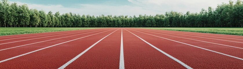 A vibrant red running track stretches into the distance, bordered by lush green trees under a clear blue sky.