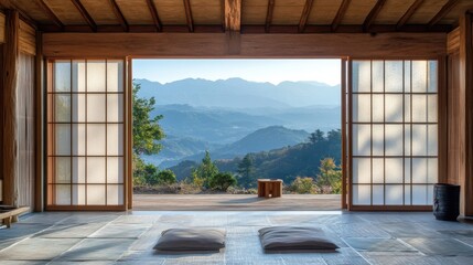 Naklejka premium Shoji paper doors in a rustic wooden frame, opening to a view of the mountains, blending indoor and outdoor spaces