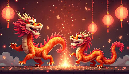 Fototapeta premium Vector illustration of Chinese dragon with Chinese New Year celebration with firework.
