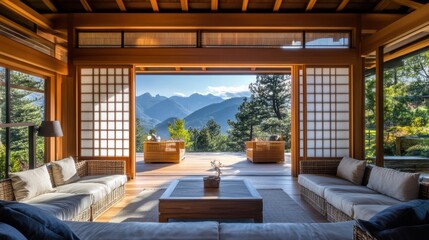 Shoji paper doors in a rustic wooden frame, opening to a view of the mountains, blending indoor and outdoor spaces