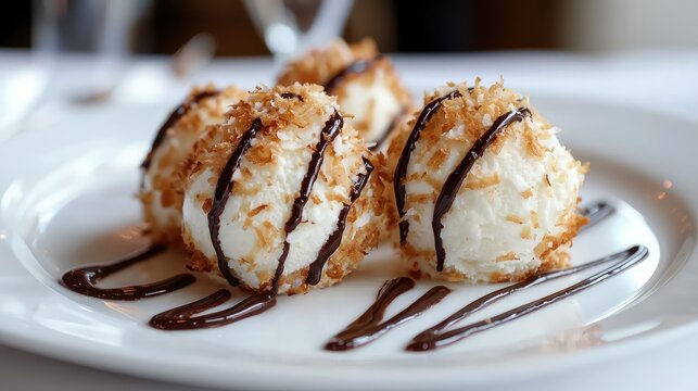 Delicious Coconut Balls with Chocolate Sauce on a White Plate