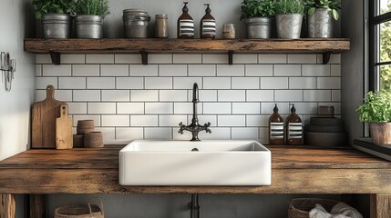 Rustic farmhouse kitchen sink with wooden countertop, white subway tiles, and herbs.