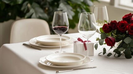 Fototapeta premium Valentines Day Dinner - White Romantic Table Setting With Wine Gift And Red Roses