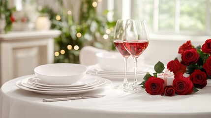Valentines Day Dinner - White Romantic Table Setting With Wine Gift And Red Roses