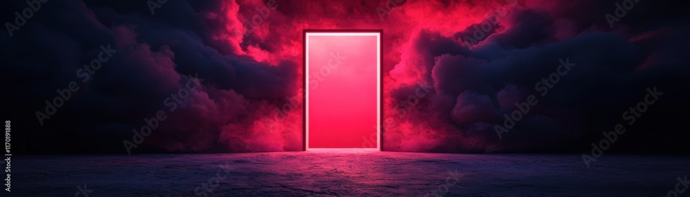Aufkleber a glowing red door stands against a backdrop of dark clouds, creating a mysterious and surreal atmos