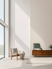 Fototapeta premium Modern interior design featuring a minimalist living space with natural light and greenery