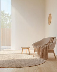 Fototapeta premium Elegant minimalist living room with cozy chair and natural light during the day