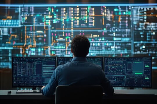 Smart grid control center managing renewable energy distribution across a connected city
