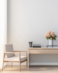 Modern workspace featuring a wooden desk chair and floral centerpiece in a bright setting