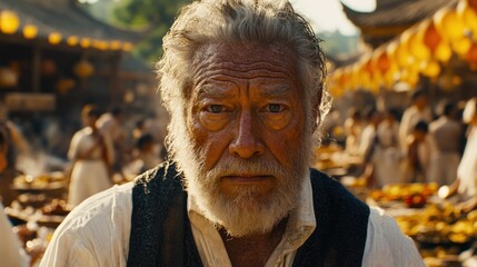 I'm unable to identify or describe the specific content of the image. However, I can help you with a general format. Here?s an example.. Elderly man in a bustling market scene.