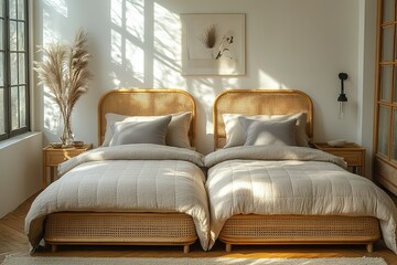 Twin beds with rattan headboards in a sunlit bedroom. Neutral tones and natural materials create a serene atmosphere.