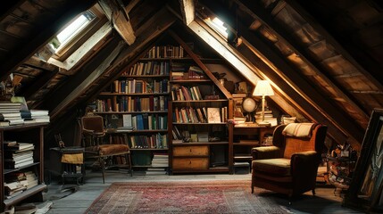 Cozy Attic Library with Bookshelves and Vintage Reading Chair