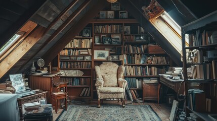Fototapeta premium Cozy Attic Library with Vintage Books and Elegant Armchair
