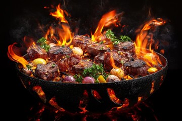 Flaming grilled beef steaks and onions in a cast iron bowl.