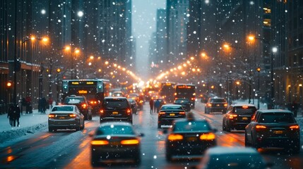 Naklejka premium Bustling Chicago Street Scene Shrouded in Snowy Winter Night