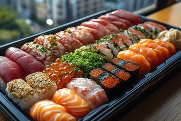 Assorted sushi platter, a delicious variety of fresh fish and rice.