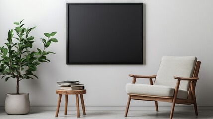 Stylish scandinavian composition of living room with design armchair black mock up poster frame plant wooden stool book decoration loft wall and personal accessories in modern home decor