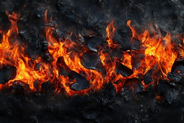 Fiery inferno burning dark rocks.