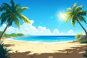 Sunny tropical beach scene with palm trees, clear blue ocean, and sandy shore.