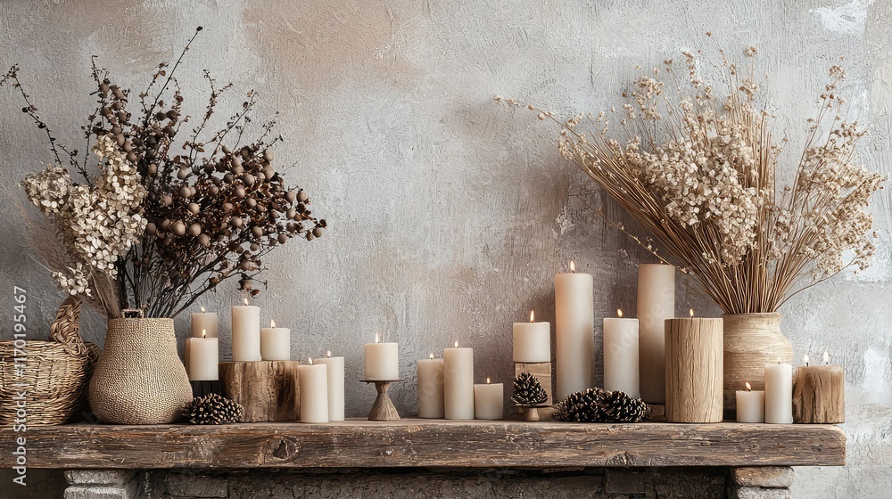Poster elegant display of candles and dried flowers on rustic shelf