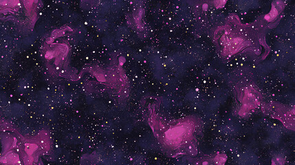 Seamless pattern of the outer space with galaxies and stars, dark pink and purple colors