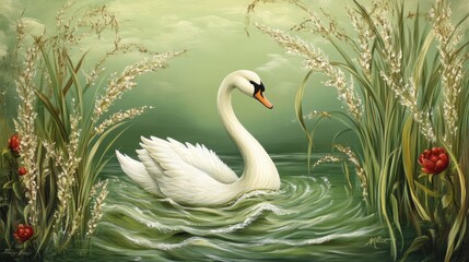 Obraz premium Swan in a green water lake, gentle waves lapping against the shore, framed by reeds and flowers