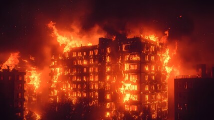 Dramatic Fiery Blaze Engulfing Apartment Complex in Cinematic Night Scene