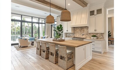 Bright kitchen with island, wood floors, and view.