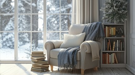 Cozy Winter Reading Nook with Snowy Window and Comfortable Armchair