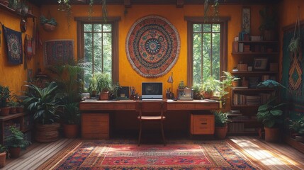 Obraz premium Sunlit home office with plants, wooden desk, and vibrant tapestry.