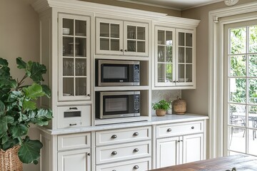 Classic French country style white cabinet with glass doors, open microwave, and two drawers, positioned in front of dining table with greenery, beige wall background
