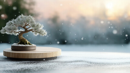 A winter scene featuring a smooth wooden podium crafted from a small wine barrel, resting on a snowy, frosty surface, with snowflakes gently falling, whimsical effect. 