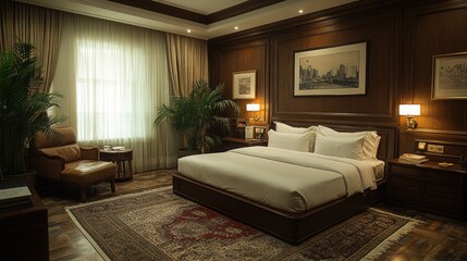 Luxurious hotel suite bedroom with king bed, wooden paneling, armchair, and oriental rug.