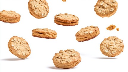 Digestive oatmeal biscuits falling isolated flat on white background flying biscuits collection