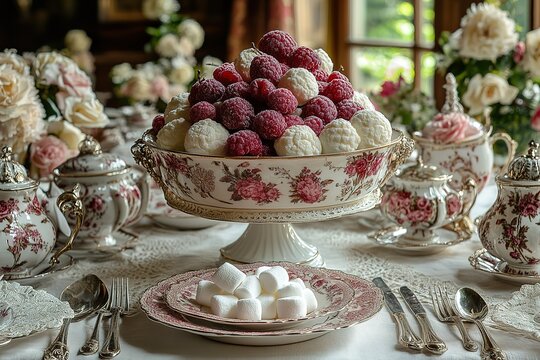 Elegant dessert display with raspberries and sweets, set on a floral patterned serving dish. - Powered by Adobe