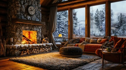 Cozy Rustic Cabin with Fireplace and Snowy Landscape View