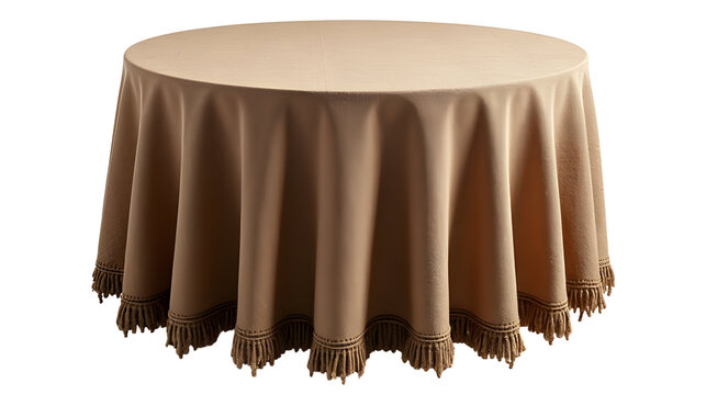 Elegant beige tablecloth drapes a round table, creating a sophisticated and minimalist setting. Perfect for events or home decor., cut out