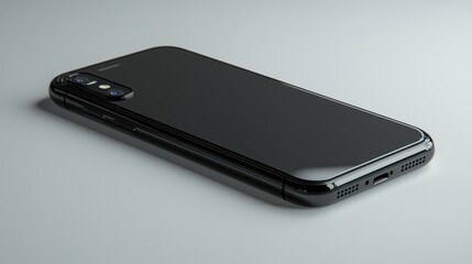 A sleek black smartphone on a minimalistic surface.