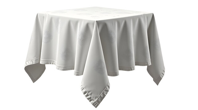 A pristine white tablecloth defies gravity, floating mysteriously above a square table.  An illusion of levitation., cut out