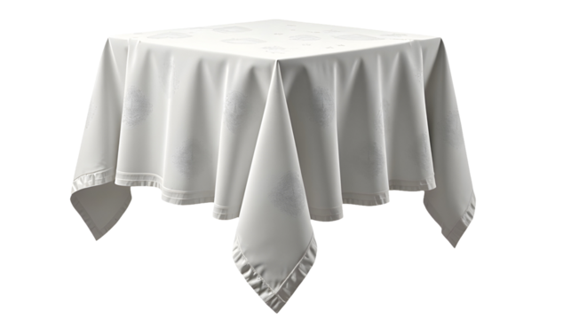 A pristine white tablecloth defies gravity, floating mysteriously above a square table.  An illusion of levitation., cut out